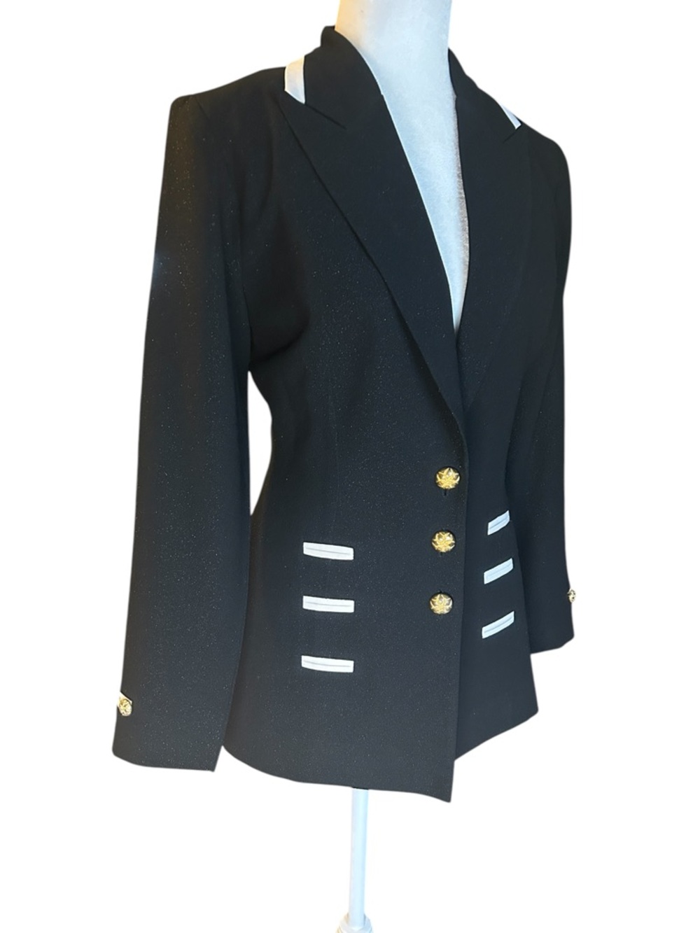 Structured Classic Black Blazer with White Trim and Gold Buttons - Small - Picture 4 of 14